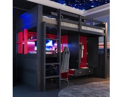 MODFU-Hoogslaper-Gaming-Stijl-Met Bureau-Met Kast-Met Lades-Zwart-Rood