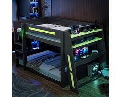 MODFU - Hoogslaper Met Bureau En Opbergvakken - Gamingontwerp - MDF En Grenenhout - Zwart En Groen - 140 x 200 cm