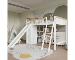 MODFU – Hoogslaper met Glijbaan en Opbergruimte – 90x200 cm – Kast & Opbergkast – Links-rechts Omkeerbaar – Hout – Wit & Naturel