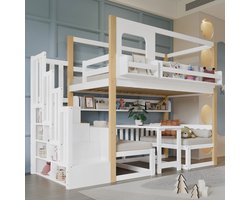 MODFU - Hoogslaper - Opklapbaar Verstelbaar Bureau En Opbergtrede - Met Boekenplank - Grenen, MDF En Multiplex - Wit/Naturel - 90x200 Cm
