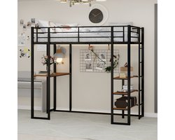 MODFU Hoogslaper – Zwart metalen frame – Met bureau & verplaatsbare ladder – Ruimtebesparend – 2 pakketten