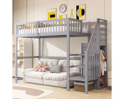 MODFU Houten Hoogslaper met Trap & Kledingkast (90x200) - Kinderbed / Tienerbed - Let op: Totale lengte 255cm - Grijs