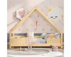 MODFU Huisbed kinderbed 90x200 cm Massief grenen, natuurlijk ontwerp met golfrand en lattenrost