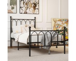 MODFU Industrieel Metalen Eenpersoonsbed (90x200) - Zwart Bedframe met Gebogen Hoofdbord & 27cm Opbergruimte - Logeerbed