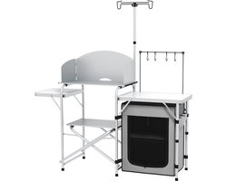 MODFU Inklapbare campingkeuken 144x48x119 cm van aluminium, zilver, met windscherm