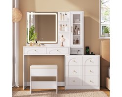 MODFU - Kaptafel - LED-Spiegel En Oplaadstation - 8 Lades En Glazen Kast - MDF En Glas - Wit - 131,5 X 40 X 140 Cm
