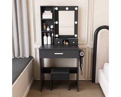 MODFU - Kaptafel met spiegel – 60x38x131.5 cm – Dimbare LED verlichting & stopcontact – Met laden en kruk – MDF – Zwart