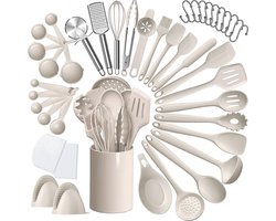 MODFU Keukengerei Set Compleet – 43-delige Siliconen Keukenhulpset – Praktisch en Veelzijdig voor Dagelijks Koken – Makkelijk Schoon te Maken met Opberghouder – Khaki