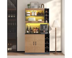MODFU Keukenkast 100x47x187 cm, Buffet met LED-Ambientverlichting, Kabelgaten en Verstelbare Zijkasten, Houten Keuken-Highboard, Ruimte voor Magnetron, Freestanding