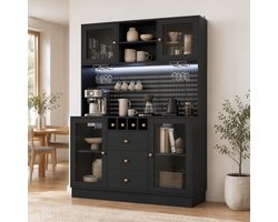 MODFU - Keukenkast - Hoog - Zwart - LED Verlichting - Glazen Deuren - Wijnglashouder - Kantelbeveiliging
