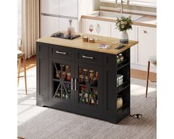 MODFU – Keukenwagen & Keukeneiland – Uitschuifbaar werkblad – Stopcontacten met USB – Verrijdbaar – Opbergkast met glazen deuren – MDF – Zwart/Naturel – 120x40/65x92 cm