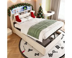 MODFU Kinder Polsterbed 90x200 cm – Fluweel Beige – Met LED, USB-C & Opbergruimte – Stabiel Tot 200 kg – Inclusief Metalen Lattenbodem – Slaapkamer Meubel voor Jongens en Meisjes