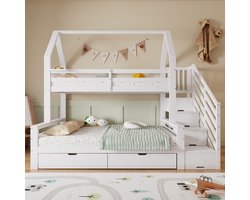 MODFU Kinder stapelbed 90x200 / 140x200 cm met lades op wielen, trapkast en veiligheidshek, decoratief dakontwerp, wit, vurenhout + MDF + multiplex