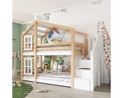 MODFU Kinder stapelbed 90x200 cm van massief hout en MDF – boomhuisdesign met opbergruimte – naturel/wit – EN747