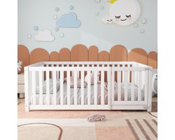 MODFU Kinderbed 140x200 Bodembed met Rond Hek en Kleine Deur | Massief Kiefer Wit – Veilig & Speels