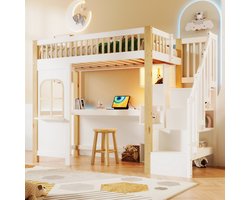 MODFU Kinderbed 90x200 cm – Konijnenvormig hoofdeinde – Pluche bekleding – 2 laden – Roze