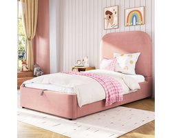 MODFU Kinderbed 90x200 cm - Velvet Polsterbed met Hydraulische Opbergruimte, Gevoerd Hoofdeinde, Roze