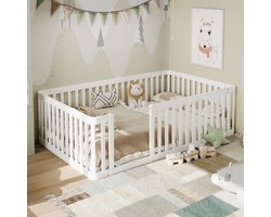 MODFU Kinderbed 90x200 cm – Vloerbed met halfopen hek – Laag en veilig ontwerp – Van massief grenenhout – Inclusief lattenbodem – Voor peuter en kind – Wit