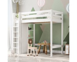 MODFU Kinderbed Hoogslaper 90x200 cm – Met kledingkast & 6 planken – EN747 veilig – Wit (Spaanplaat)