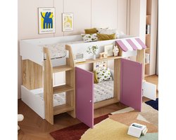 MODFU Kinderbed hoogslaper 90x200 cm – roze/wit – huisbed met brede ladder en opbergruimte – speels design