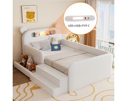 MODFU Kinderbed Ledikant 90x200 cm, gestoffeerd kunstleer, met beer-hoofdbord en opbergruimte, wit