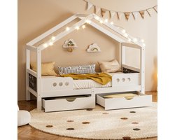 MODFU Kinderbed ledikant 90x200 cm van hout en MDF, wit dakdesign met 2 lades en krijtbord hoofdbord