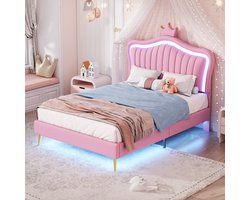 MODFU Kinderbed met kroon 90x200 cm – Roze PU – LED-verlichting – Verstelbaar hoofdeinde – 150 kg