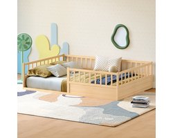 MODFU - Kinderbed - Vloerbed Met Veiligheidsrand En Open Instap - Grenenhout - Naturel - 140 x 200 Cm