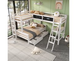 MODFU – Kinderhoogslaper – 140x200 & 90x200 cm – Voor 3 Kinderen – Bureau & Opbergladen – Hout – Wit & Eiken