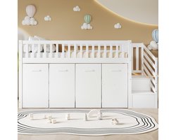 MODFU Kinderstapelbed 90x200 cm massief grenen + MDF met bureau, kast en opbergruimte, trap met 2 opbergvakken en valbeveiliging — wit