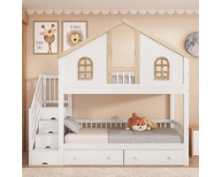 MODFU Kinderstapelbed 90x200 cm massief grenen & MDF met trap (4 opbergvakken), 2 uittrekbare lades, raam en contrasterende reling — wit/naturel