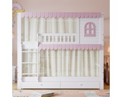 MODFU Kinderstapelbed 90x200 cm – Met raam & gordijn, open rek & 2 lades op wieltjes – EN747 – Wit/roze