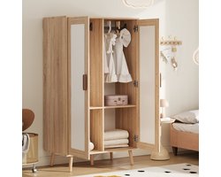 MODFU - Kledingkast Met 2 Deuren En Kledingroede - Scandinavische Stijl - Voor Kinderkamer Of Slaapkamer - MDF - Wit En Houtlook - 80 x 46 x 141,5 cm