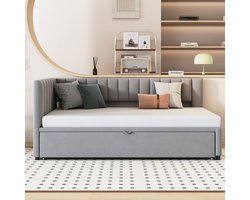 MODFU L-vormige multifunctionele slaapbank met uittrekbaar bed 90×200→180×200 cm, fluweel grijs