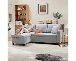 MODFU - L-Vormige Slaapbank - Omkeerbaar Loungegedeelte - Met Opbergruimte En Zijvakken - Modern - Linnen - Grijs