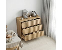 MODFU Ladekast Dressoir met 3 Laden – 80x39x80 cm – Retro Design met Verticale Latten – Woonkamer & Slaapkamer – Eikenkleur – MDF