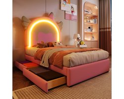 MODFU Ledikant 140cm*200cm, gestoffeerd (PU) met kroonvorm, verstelbaar hoofdbord en 2 lades, wit