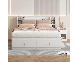 MODFU Ledikant 140cm*200cm van massief hout, wit, met gestoffeerd hoofdbord en ruime opbergruimte