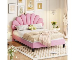 MODFU Ledikant 140x200 cm – Gestoffeerd in roze met bloemvormig hoofdbord – Luxe fluweel – MDF – Zacht en elegant