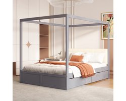 MODFU Ledikant 140x200 cm – grijs hout – tentdesign met gestoffeerde rugleuning en 2 grote lades