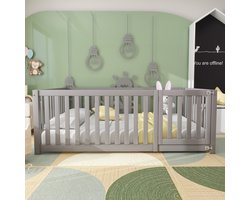 MODFU Ledikant 140x200 cm, massief grenen en MDF, met omheining en deur, grijs, laag ontwerp, hek 60 cm