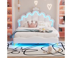 MODFU Ledikant 140x200 cm, wit kunstleer en MDF, met kroonvormig hoofdbord en verstelbare LED-sfeerverlichting