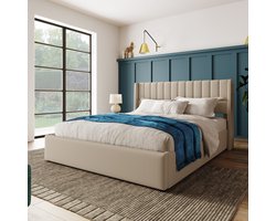 MODFU Ledikant 180x200 cm, gestoffeerd linnen beige, met hydraulische opbergruimte en gestikt hoofdeinde