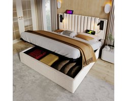 MODFU Ledikant 180x200 cm – katoen/linnen beige – met leeslamp, USB/Type-C, verstelbaar hoofdbord en opbergruimte