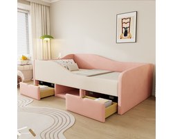 MODFU Ledikant 90x190 cm, gestoffeerd fluweel roze + crèmewit, met opbergruimte, 2 lades en veiligheidshekjes