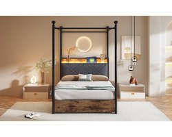 MODFU Ledikant 90x190 cm van metaal, multifunctioneel met baldakijn, geïntegreerde LED en opbergruimte