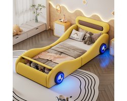 MODFU Ledikant 90x200 cm – Autobed met verlichte wielen (APP) – PU leder – Speels kinderbed – Geel