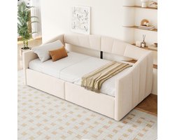 MODFU Ledikant 90x200 cm – fluweel beige – met hydraulische opbergruimte en lattenbodem – sofa-bed design