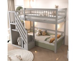 MODFU Ledikant 90x200 cm – Grijs massief hout – Hoogslaper met opbergtreden & hoge omranding – Kindermeubel