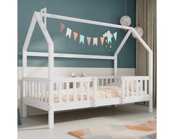 MODFU Ledikant 90x200 cm van grenenhout en spaanplaat – wit – huisontwerp met dak en hek – kinderkamer